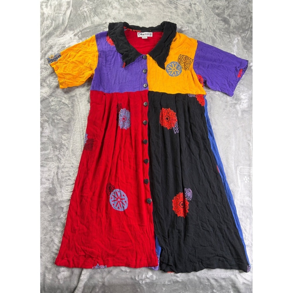 Vintage We-Be-Woman Rayon Dress Womens 2X Multicolor Boho Art to Wear Patchwork